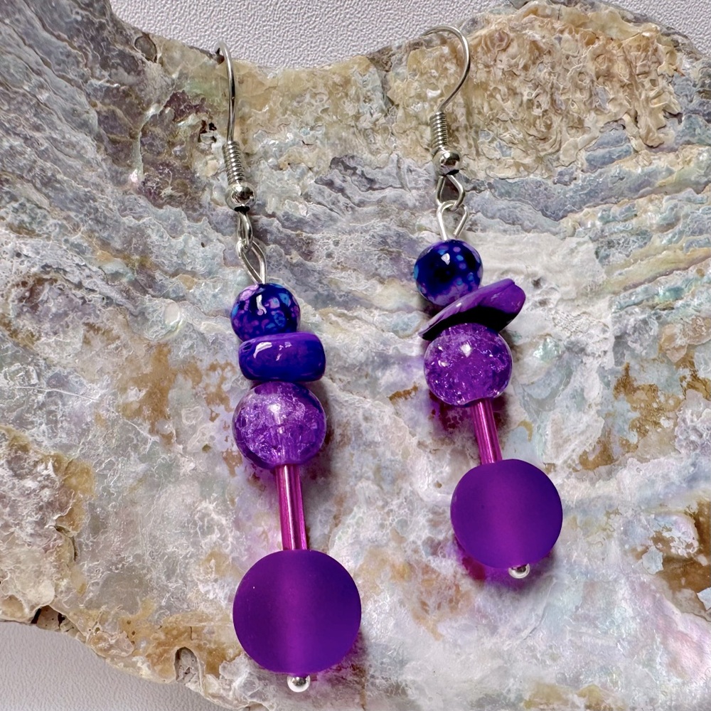 Purple and Blue Beaded Dangle Earrings